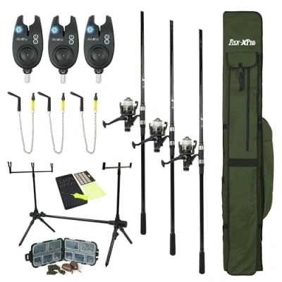 Image de FISH XPRO Karper Set Plus 3 Rod Kit de Canne à pêche la Carpe Noire 96 pièces Détecteurs Coq Échangistes Rodpod Supports arrière Foudrale Extra étendu Tout ce Dont Vous Avez