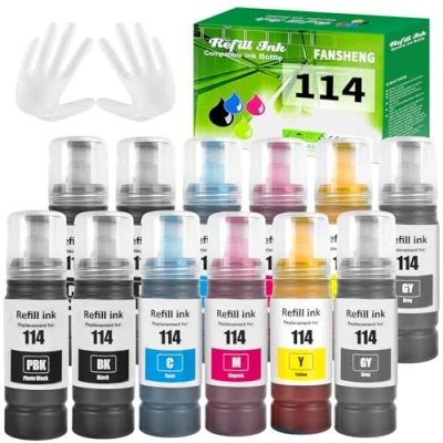 Image de FANSHENG 114 Encre Compatible avec Epson Bouteille d&#039;encre Multipack pour EP ET 8500 8550 (12 Pack 2PBK/ 2BK/ 2C/ 2M/ 2Y/ 2GY)