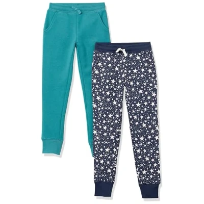 Image de Amazon Essentials Pantalon de Jogging Fille, Lot 2, Bleu Marine Étoiles/Vert Sarcelle, 4 Ans
