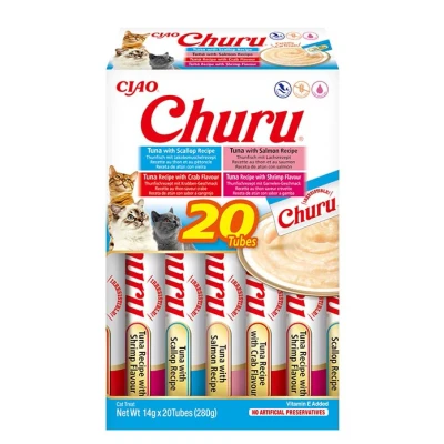 Image de INABA Churu Friandises pour Chats en Purée aux 4 Saveurs de Fruits Mer et Thon Délicieux Snacks Félins Texture Lisse Onctueuse Nourriture 20 Tubes x 14g