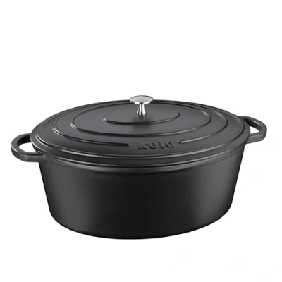 Image de kela 12474 Cocotte en Fonte émaillée Ovale avec Couvercle, Bonne Conservation de la Chaleur, Compatible induction, 9,5 L, Noir, Calido