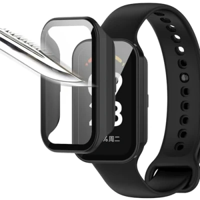 Image de Msiall [2 pièces noir avec Film de protection d&#039;écran en verre trempé pour mi band 8 active, étui PC dureté 9H, pare chocs, complet mince Smart active