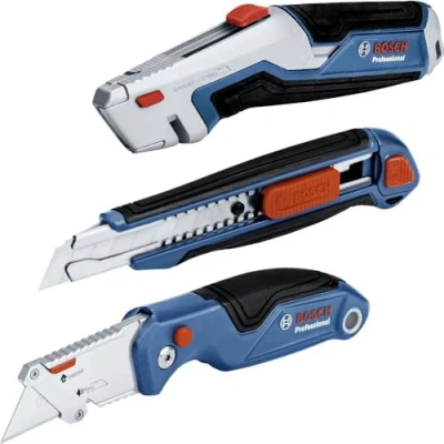 Image de Bosch Professional set de 3 couteaux (couteau universel avec lame extractible et lames rechange dans le manche, cutter classique, pliant manche)