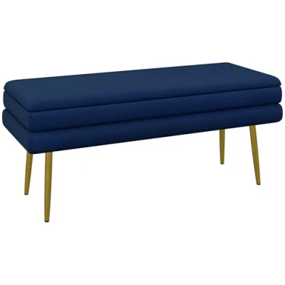 Image de HOMCOM Banc de Rangement, Bout lit, Coffre Rangement avec Assise Aspect Velours et Pieds Acier, 100 x 37,5 42 cm, Bleu doré