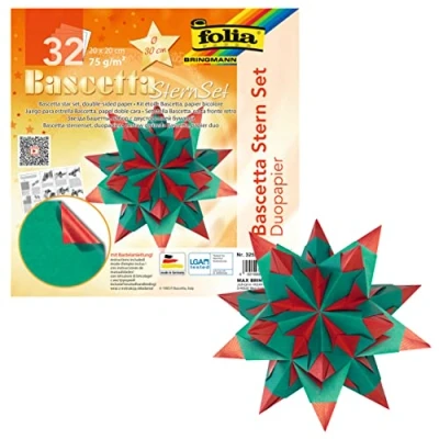 Image de folia 325/2020 Kit de bricolage Bascetta Star Duo rouge/vert 32 feuilles 20 x cm Taille finie l&#039;étoile en papier env. 30 Avec instructions détaillées (français non garanti) Idéal pour une