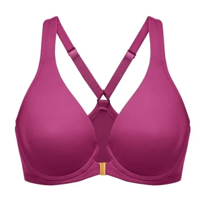 Image de DELIMIRA Soutien Gorge Fermeture Devant Grande Taille avec Armature Decollete Plongeant Dos Nageur Non Rembourré Magenta Pourpre 100D