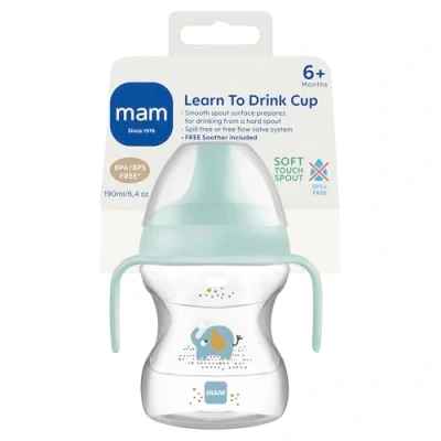 Image de MAM Learn to Drink Cup, Bottle Handles and Soother, 6+ Months Baby Cup with Removable Handles, Feeding Accessories, 190 ml, Blue (Designs May Vary)