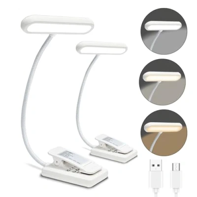 Image de LQWELL® 2x Lampe de Lecture Porte Livre Lit, Rechargeable USB, 3 Températures Couleur, 10 Niveaux Luminosité, Gradation en Continu, Flexible à 360, Blanc