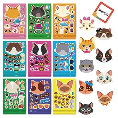 Image de Lot de 36 Autocollants « Make A Face » en forme chats Pour jeux d&#039;activités scolaires Récompense enfants Cadeau d&#039;anniversaire faire un
