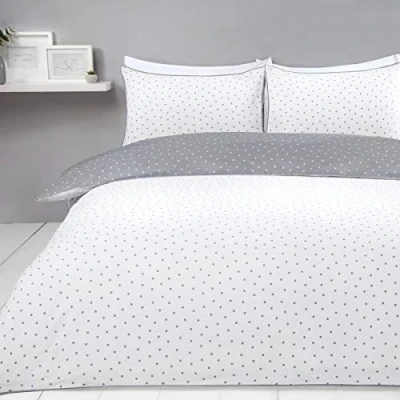 Image de Sleepdown Parure de lit réversible à Pois pour Super King Size Facile d&#039;entretien et Design en Coton Doux Blanc Gris Dimensions : 220 x 260 cm + 2 taies d&#039;oreiller Assorties.