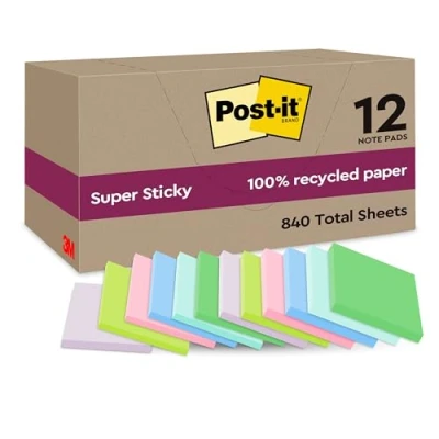 Image de Post it Super Sticky Notes entièrement recyclées, 12 Blocs, 70 Feuilles par Bloc, 47.6 mm x mm, Rose, Vert, Bleu, Violet, Jaune Extra collantes Fabriquées à partir de Papier 100% Recyclé