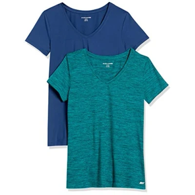 Image de Amazon Essentials T shirt Tech Extensible à Manches Courtes et Col en V (Disponible Grande Taille) Femme, Lot de 2, Bleu/Vert Sarcelle Teinture Spatiale, S