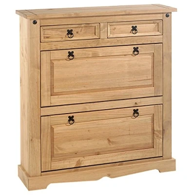 Image de IDIMEX Meuble à Chaussures Tequila Style Mexicain Armoire avec 2 abattants et tiroirs Rangement pour 16 Paires en pin Massif Finition teintée/cirée