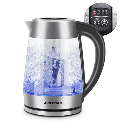 Image de Aigostar Cris Bouilloire avec infuseur à thé amovible. 1,7 L, 2200W, verre borosilicate. LED couleurs. Maintien au chaud 2h.