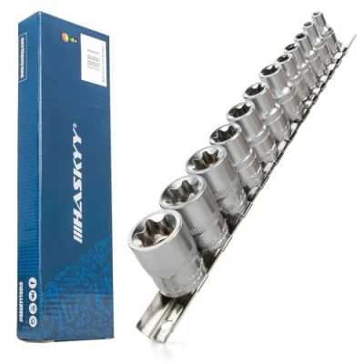 Image de HASKYY Torx Jeu de 12 douilles profil E 1/4&quot; (E4, E5, E6, E7, E8) et 3/8&quot; (E10, E11, E12, E14, E16, E18, E20)