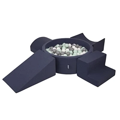Image de KiddyMoon Aire De Jeux en Mousse avec Rond Piscine À Balles (300 Balles) pour Enfants, Bleu Foncé:Blanc/Gris/Menthe