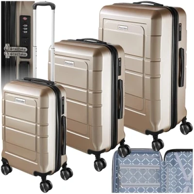 Image de Set de valises TECTAKE 3 pièces rigides BRICE avec serrure à code et poignée téléscopique roues pivotantes 360 Champagne