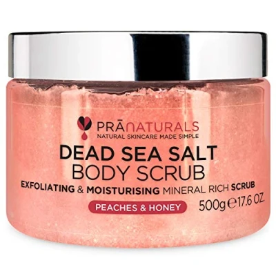 Image de PraNaturals Gommage pour le corps au sel de la Mer Morte 500gr Hydratant, huiles naturelles et minéraux, douce odeur fruitée, sans parabènes, vegan cruauté animale (Pêche Miel)