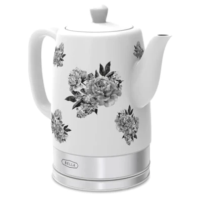 Image de BELLA Bouilloire et théière en céramique avec base pivotante entièrement amovible, fonction d’arrêt automatique protection contre l’ébullition à sec, 1,5 l, floral noir