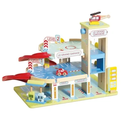 Image de Le Toy Van TV439 Jeu de parking en bois pour enfants à partir 3 ans, niveaux, comprend 1 voiture, hélicoptère, un ascenseur travail, une station voiture électrique, des rampes, héliport