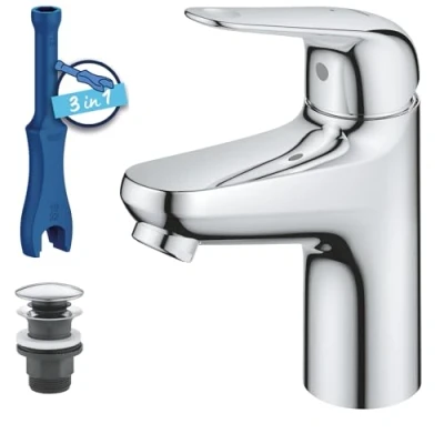 Image de GROHE Swift Mitigeur Monocommande Lavabo, Economie d&#039;Eau, Ouverture Eau Froide, Taille S, Vidage Clic Clac, Installation Facile, Chromé, 24323001