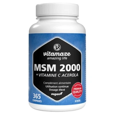 Image de MSM 2.000 mg + vitamine C naturelle d&#039;acérola, 365 comprimés végétaliens pour 6 mois, hautement dosés, 99,9% de méthylsulfonylméthane pur, complément alimentaire sans additifs, Fabriqué en Allemagne