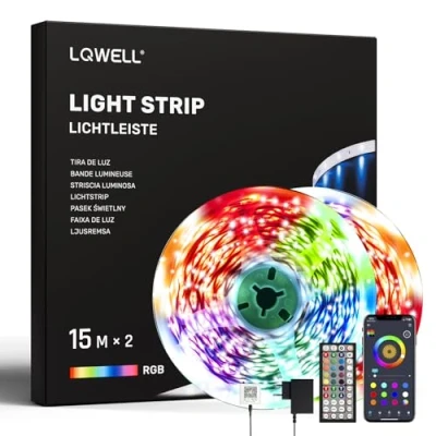 Image de LQWELL® 30M (2 rouleaux de 15M) Bande lumineuse LED avec télécommande et application, synchronisation musique Bluetooth, guirlande RVB à changement couleur pour fête, maison, chambre