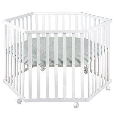 Image de roba Parc Bébé Hexagonal Style + Tapis de en Vert Givré Roulettes avec Frein Bois Blanc