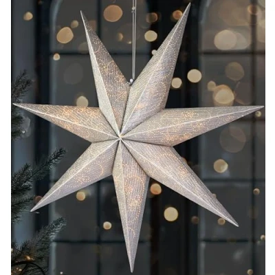 Image de BRUBAKER Étoile de Noël 60 cm pour Intérieur l&#039;Avent LED Suspendue 3D Lumineuse en Papier à Suspendre Décoration Fenêtre et Illuminable avec Pile Argent