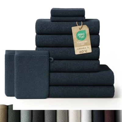 Image de Blumtal Lot Serviette De Toilette 2 Serviettes Bain 4 Essuies Mains Invité Gants Doux Et Absorbant 100% Coton Certifié Oeko TEX® Bleu foncé