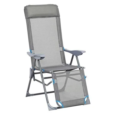 Image de greemotion Chaise Longue Pliante Lido, Fauteuil de Jardin Inclinable avec Cadre en Aluminium, Camping Dossier Réglable 5 Positions, Gris/Bleu