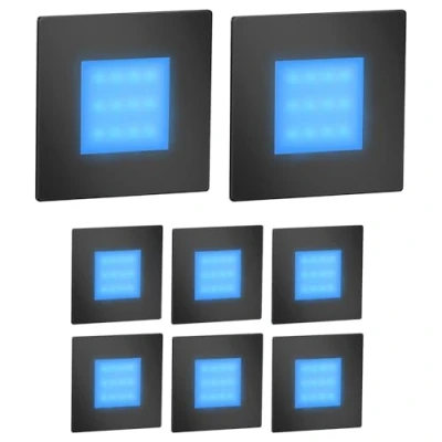 Image de ledscom.de 8 pièces Lumière d&#039;escalier LED/lampe murale encastrée FEX pour l&#039;intérieur et l&#039;extérieur, rectangulaire, noir, 85 x 85mm, bleu
