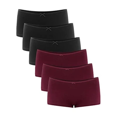 Image de Libella® Boxer Femme Taille Basse Culottes Shorty Coton,Stretch Slip pour (Lot de 6), Noir Rouge Foncé XL
