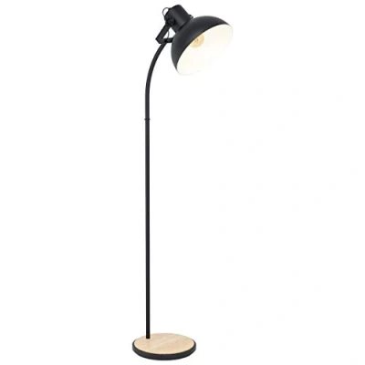 Image de Eglo Lampadaire Lubenham, luminaire sur pied vintage de style industriel, lampe salon rétro en acier et bois, noir brun, douille E27, certifié FSC, avec interrupteur
