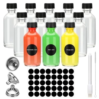 Image de 12 Mini Bouteille Verre 60ml, Bouteilles Miniatures Réutilisables avec Bouchons Noirs et Entonnoir, Petite en Vide, Mignonette Vide Pour Huiles Essentielles, Shots de Gingembre Plus