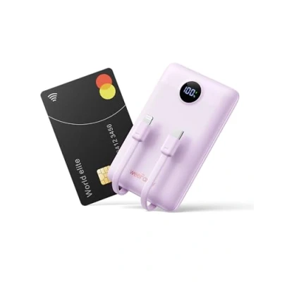 Image de Batterie Externe 10000mAh, WeeFancy Power Bank Charge Rapide PD 22.5W avec Câbles Intégrés USB C Sortie, Mince Légère Portable Chargeur Affichage LED, Universel Compatible iPhone/Samsung (Violet)
