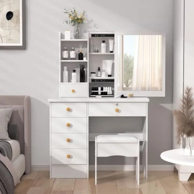 Image de Worparsen Coiffeuse, lumières LED avec luminosité réglable, bureau de coiffeuse miroir coulissant, table maquillage 6 tiroirs, étagères ouvertes, espace rangement caché (blanc)