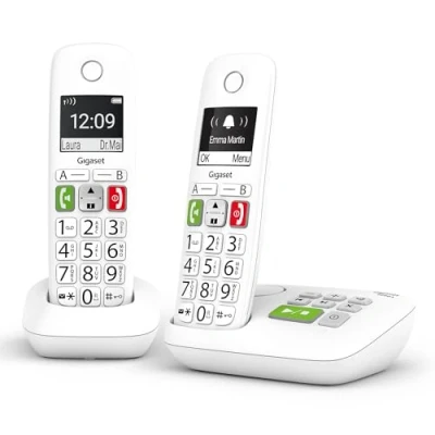 Image de Gigaset E290A Duo Téléphone Fixe sans Fil Blanc avec Répondeur Intégré, 2 combinés Grand écran rétroéclairé, larges Touches, Fonction Blocage D&#039;appels [Version Française]