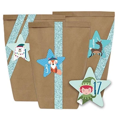 Image de Papierdrachen calendrier de l&#039;Avent à remplir 24 sacs en papier avec des autocollants (forme taille]) et du Washi Tape paillettes bleu clair Mini Set No. 39 Noël