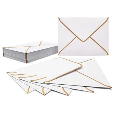 Image de Lot de 50 enveloppes blanches luxe format 5x7 18,5 x 13,5 cm Miniatures Avec rabat en V Bords dorés Pour mariage, invitations, fêtes, cartes vœux