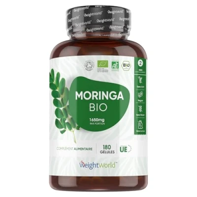 Image de Moringa Bio Gélules 1650mg 180 Vegan Poudre Certifié AB, Source de Protéines, Acides Aminés, Multivitamines et Minéraux, Pur &amp; Fort Oleifera Superfood
