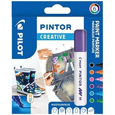 Image de PILOT Pochette de 6 Pintor Marqueurs Peinture Multi Supports à Base d’Eau, Séchage Rapide Textile, Verre, Bois, Pierre, DIY Couleurs Assorties Créatives Pointe Moyenne