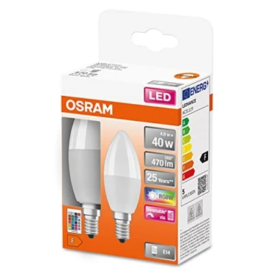 Image de OSRAM LED STAR+ RGBW ampoule dépolie pour culot E14, les couleurs peuvent être changées par télécommande, forme de bougie, remplacement ampoules conventionnelles 40W, double pack