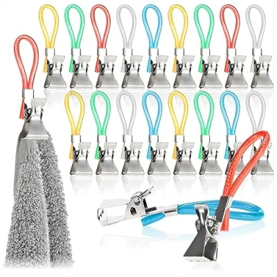 Image de com four® 20x Pinces Porte Serviettes en Plastique et métal chromé colorées pour Serviettes, débarbouillettes, éponges de Bain Boucles Suspension maniques torchons (20 pièces)