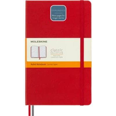Image de Moleskine Carnet de Notes Classique Augmenté, Ligné, Couverture Rigide et Fermeture Elastique, Grand Format 13 x 21 cm, Couleur Rouge Ecarlate, 400 Pages