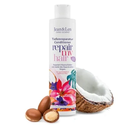 Image de Jean &amp; Len conditionneur réparation coco macadamia, pour cheveux abîmés et sans force, répare les dommages aux cheveux, donne de la souplesse, parfum coco, parabènes silicones, vegan, 300 ml