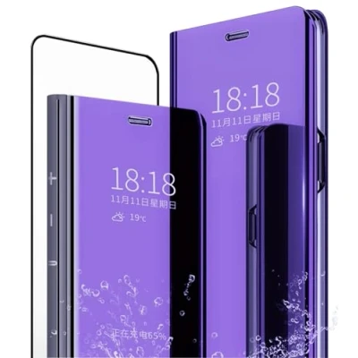 Image de MLOTECH Coque pour Huawei P30 Lite,Cover + Verre trempé Flip Clear View Translucide Miroir Cover Standing 360Housse étui Antichoc Smart Bumper Bleu Violet