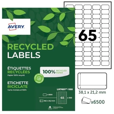 Image de AVERY 6500 Étiquettes Autocollantes Blanches Personnalisables 100% Recyclées Format 38,1 x 21,2 mm Impression Laser et Jet d&#039;Encre