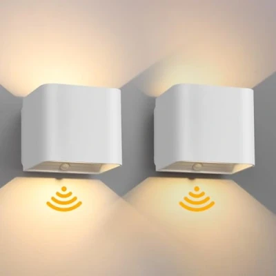 Image de Birnetek® 2 Pièces Applique Murale Intérieure avec Détecteur de Mouvement, Noir Lampe Sans Fil, 3000K Blanc Chaud Led A Pile, Chambre Interrupteur (Blanc)