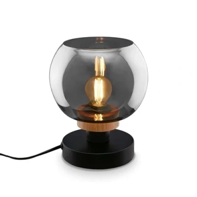 Image de BRILONER lampe de chevet, verre fumé, interrupteur à fil bureau, table E14 pour Home Office, lecture, noir bois